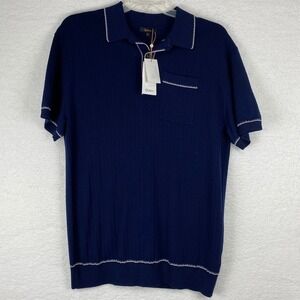 Quince Mens Silk Cotton Short Sleeve Sweater Polo Navy Blue Ribbed XL ZJSA001